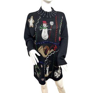 Christmas Tunic Sweater Victoria Jones Vintage 90’s M/L Black Beaded Pearls Mock